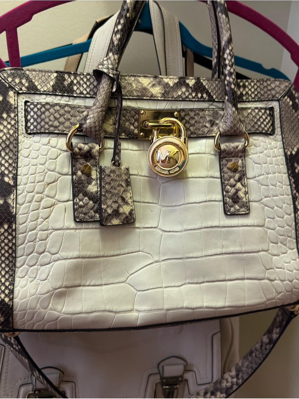 Michael Kors White Croc-Embossed Satchel with Snake-Trim and Gold Hardware